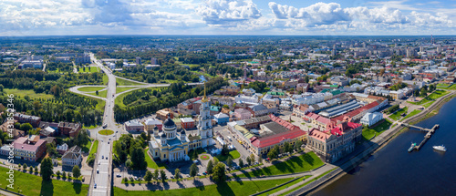 Panoramic aerial view of Rybinsk town on sunny day. Yaroslavl Oblast  Russia.
