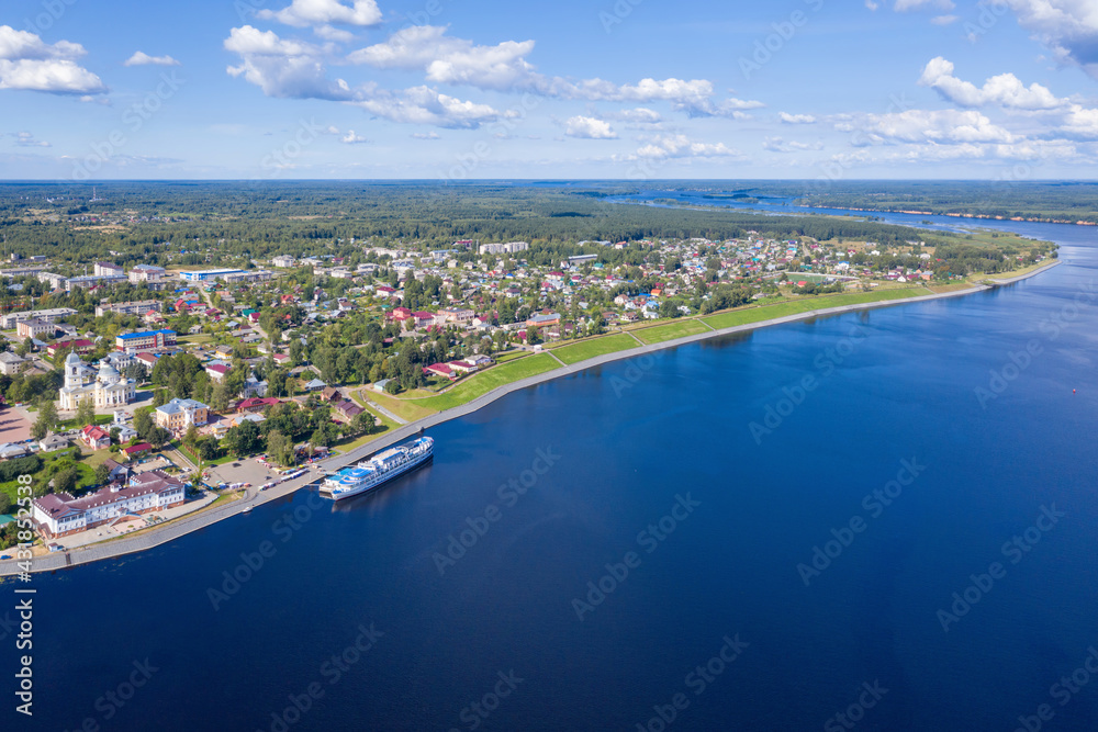 Aerial view of Myshkin town and Volga river on sunny summer day. Yaroslavl Oblast, Russia.