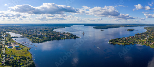 Panoramic aerial view of Kalyazin town and Volga river on sunny summer day. Tver Oblast, Russia.