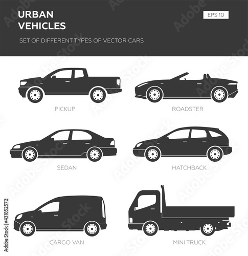 Cars over white background, vector illustration. Collection car icon set - sedan, hatchback, van, roadster, pickup, truck