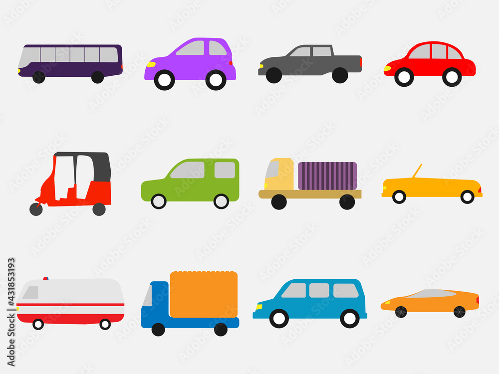 Flat Simple clip art of cars. Set of different cars like bike, bus, SUV and other. Vector eps illustration.