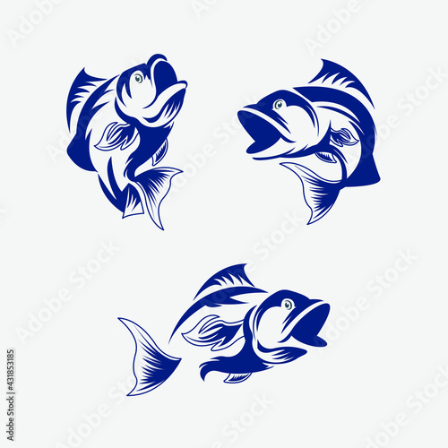 ikon ikan bass terisolasi pada latar belakang putih. Elemen desain untuk logo, label, lambang, tanda, tanda merek. Ilustrasi vektor.