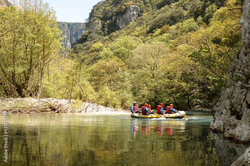 Rafting on river Vjose or river Aoos in Vikos National park near Kleidonia stone bridge