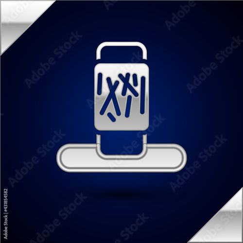 Silver Cat scratching post with toy icon isolated on dark blue background. Vector