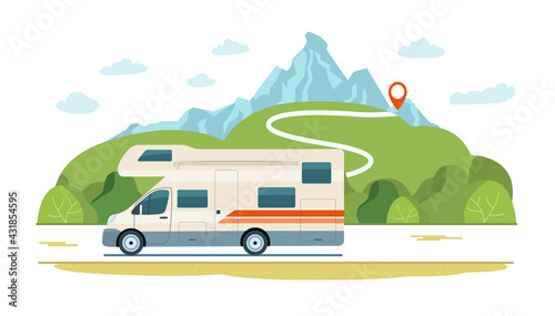 Motorhome on the road against the backdrop of a rural landscape. Vector flat style illustration.