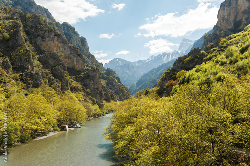 View from the pedestrian stone bridge Konitsa over river Aoos or Vjose in northwestern Greece, Europe.