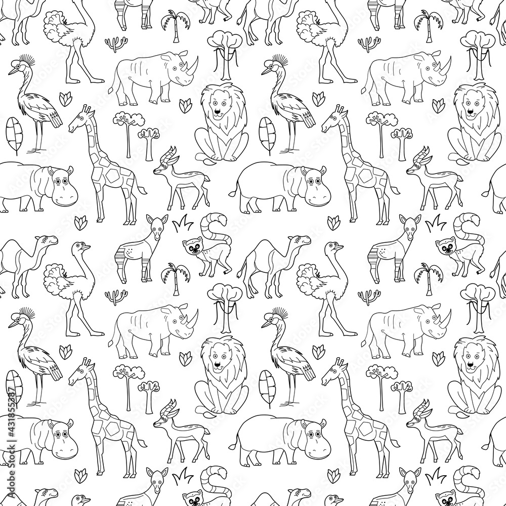 Endless texture with cute funny animals living in South. Seamless pattern for kid design and coloring book.