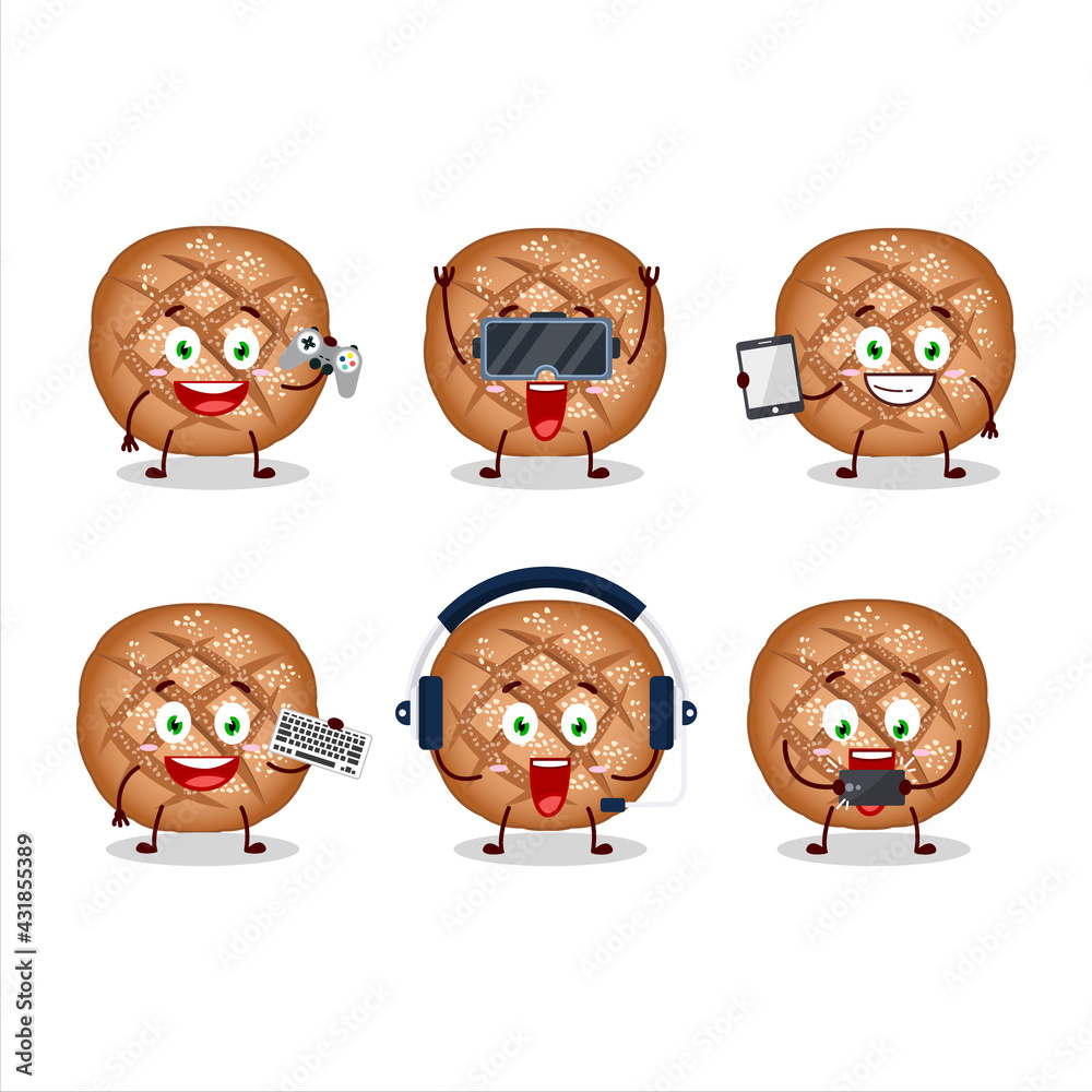 Round dark bread cartoon character are playing games with various cute emoticons