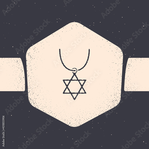 Grunge Star of David necklace on chain icon isolated on grey background. Jewish religion symbol. Symbol of Israel. Jewellery and accessory. Monochrome vintage drawing. Vector