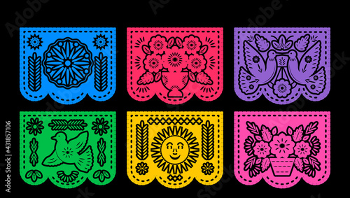 Vector horizontal banner with traditional Mexican flags for paper cutting. Various patterns