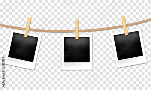 Photo frames hanging on rope with clothespins. Vector illustration isolated on transparent background photo