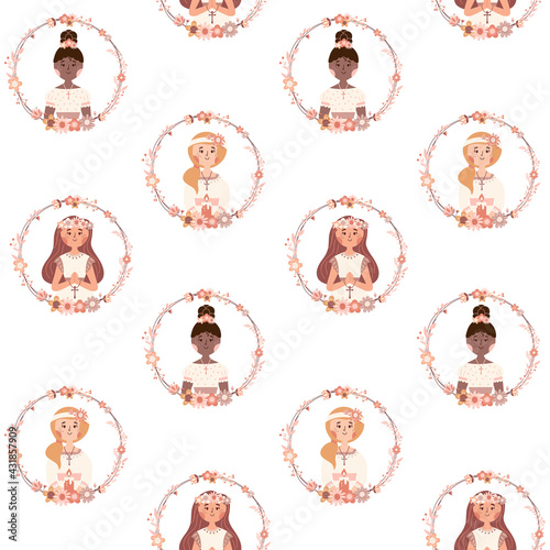 First communion little girl seamless pattern Christian background