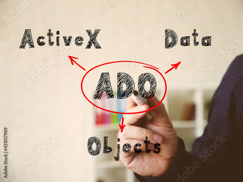  ADO ActiveX Data Objects inscription. Interior of modern business office on an background. photo
