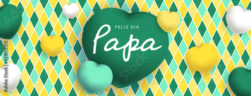 Feliz Dia Papa sous forme de carte ou bannière, poster ou flyer, avec des losanges et coeurs jaunes, vert et blancs