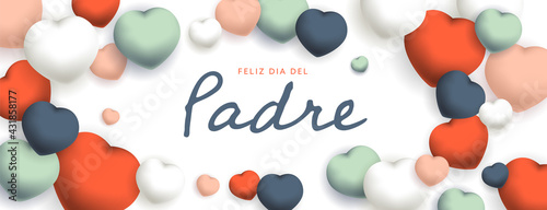 Feliz Dia Del Padre sous forme de carte ou bannière, poster ou flyer, avec des losanges et coeurs rouges, roses, bleus, verts et blancs