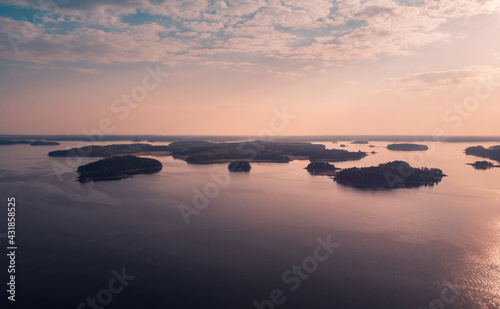 Aerial panorama of calm sunset view in Ruissalo, Turku, Finland.