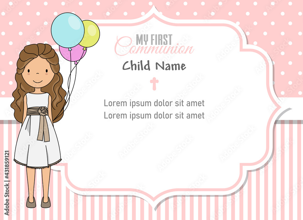 My first communion card. Girl with balloons. Frame with space for text My first communion card. Girl with balloons. Frame with space for text