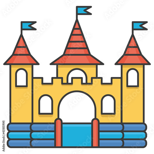 Bouncy inflatable castle. Tower and equipment for child playground. Vector line illustration