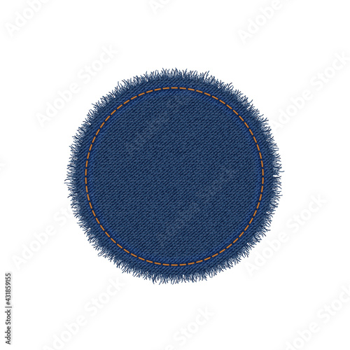 Denim circle shape with stitches. Torn jean patch with seam. Vector realistic illustration on white background.