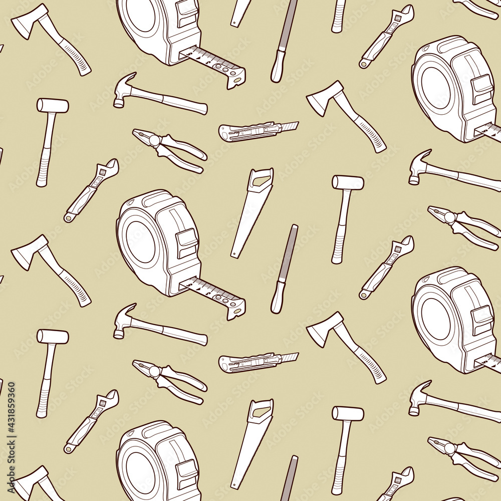 Obraz premium Seamless pattern. Working tools icon set vector illustration line art