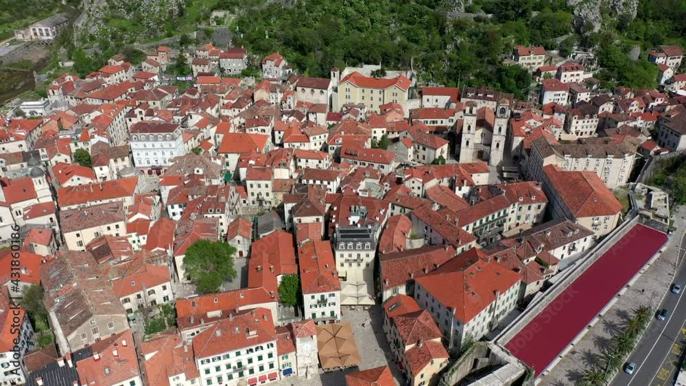 Aerial view of Kotor old town and Kotor Fortress walls in Montenegro.