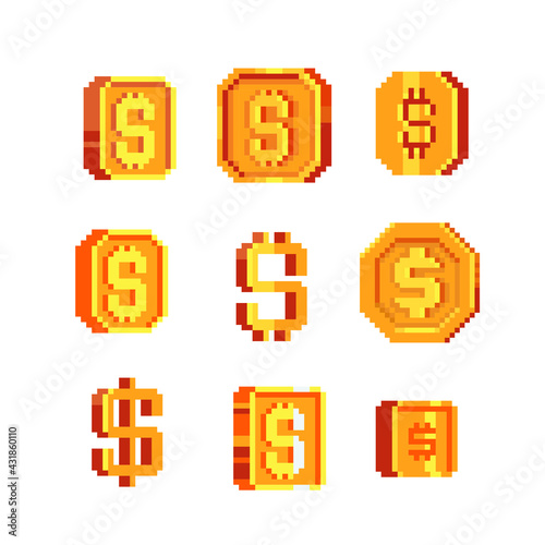 Golden money symbols pixel art icons set. Currency dollar, bitcoin, gold bar and coin. Design for mobile app, logo, web. Isolated vector illustration. 8-bit sprite. Bitcoin cryptocurrency symbol. 