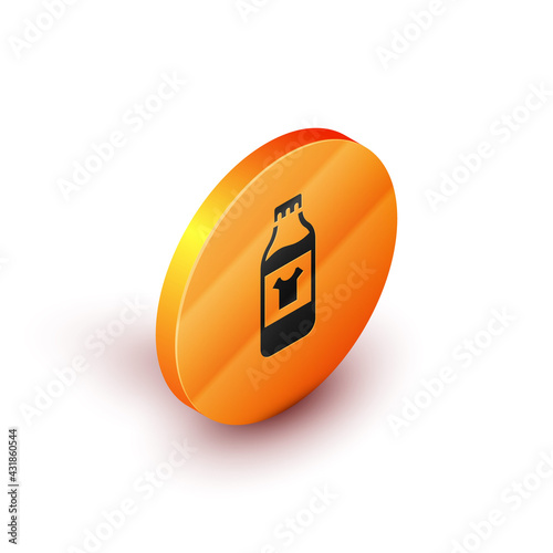 Isometric Plastic bottle for laundry detergent, bleach, dishwashing liquid or another cleaning agent icon isolated on white background. Orange circle button. Vector