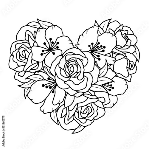 Floral heart, Bouquet composition with hand drawn flowers. Outline style, vector illustration.