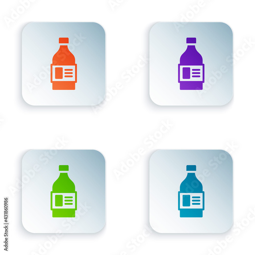 Color Plastic bottle for laundry detergent, bleach, dishwashing liquid or another cleaning agent icon isolated on white background. Set colorful icons in square buttons. Vector