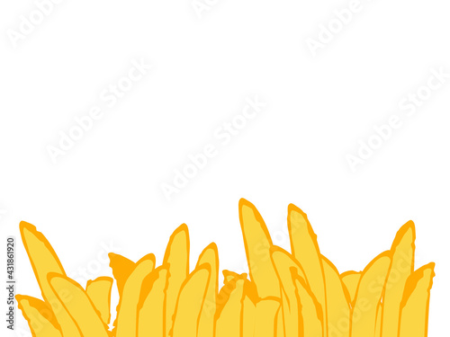 French fries. Roasted potato chips in deep fat fry oil potatoes. Yellow sticks. Fastfood. Unhealthy tasty food. Horizontal banner, isolated on white background.