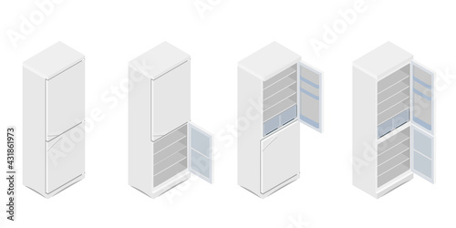 Vector illustration isometric grey empty refrigerator. Refrigerator or fridge icon