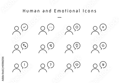 人と感情アイコンのふきだしセット　人型　気持ち　絵文字　シンプル　閃き　驚き　電球　汗　人物