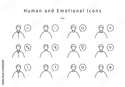 男性と感情アイコンのふきだしセット　気持ち　絵文字　シンプル　閃き　驚き　電球　汗　人物
