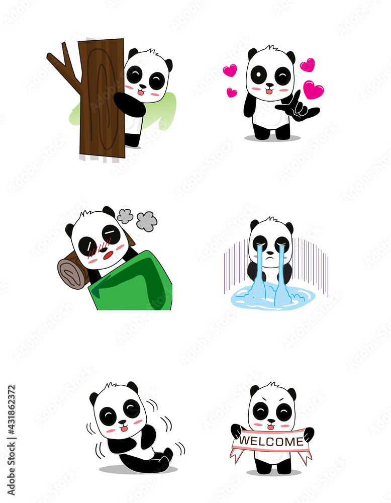 Obraz premium Cute cartoon vector panda collection On a white background 