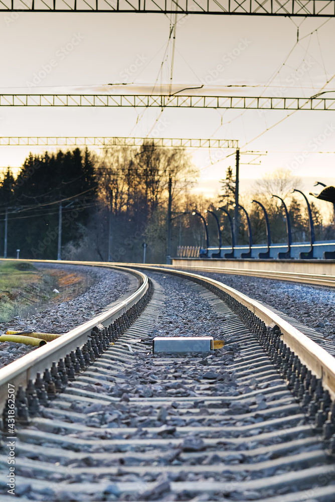 Naklejka premium railroad rails on concrete sleepers. updated railway for high-speed, express train railway, close-up, Estonia