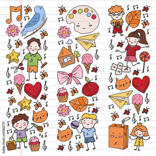 Cartoon icons with education items. Online lesson. E-learning.