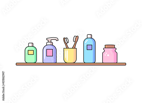 Bathroom accessories vector icon set Personal hygiene supplies Flat line outline trendy color design Sanitary care signs