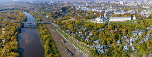 Panoramic aerial view of Vladimir town and Klyazma river on sunny autumn day. Vladimir Oblast, Russia.