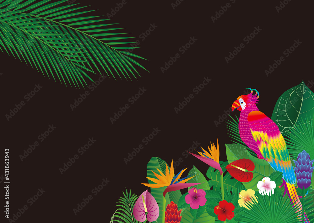 熱帯の花と葉とオウムのような空想の鳥の背景。　ベクターイラスト