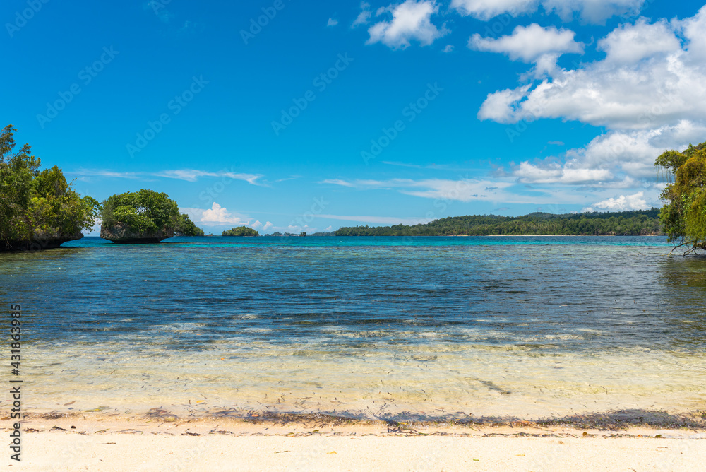 White sandy beach of Poyalisa as part of the Togian Island in the Gulf of Tomini in Sulawesi. The Islands are a paradise for divers and snorkelers and offers an incredible diversity of species