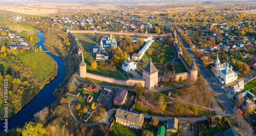Aerial view of Spaso-Evfimiev monastery on sunny autumn day. Suzdal town, Vladimir Oblast, Russia..