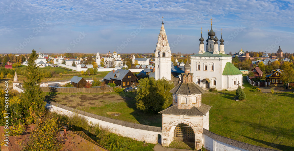 Aerial view of Alexandrovsky monastery on sunny autumn day. Suzdal town, Vladimir Oblast, Russia.