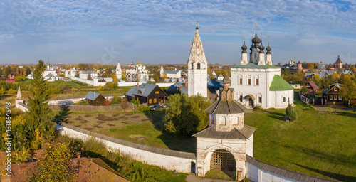 Aerial view of Alexandrovsky monastery on sunny autumn day. Suzdal town, Vladimir Oblast, Russia.