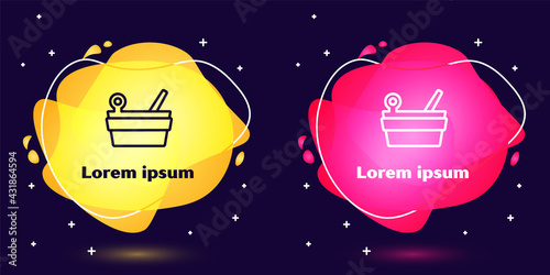 Set line Sauna bucket and ladle icon isolated on blue background. Abstract banner with liquid shapes. Vector