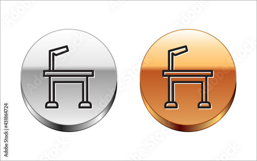 Black line Pet grooming table icon isolated on white background. Silver-gold circle button. Vector