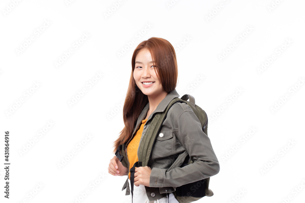 Portrait of happy Asian girl student wearing denim jacket with backpack smiling and looking at camera isolated on white background. Portrait of happy Asian girl student wearing denim jacket with backpack smiling and looking at camera isolated on white background.
