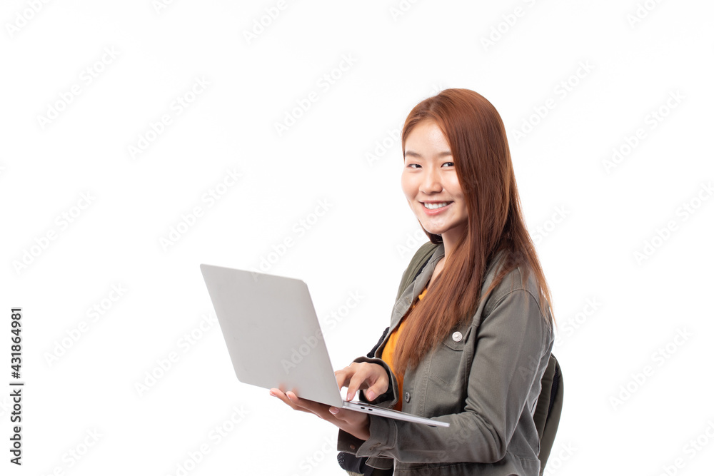 Portrait of happy casual Asian girl student with backpack and laptop isolated on white background. Back to school and learning concept. Portrait of happy casual Asian girl student with backpack and laptop isolated on white background. Back to school and learning concept.