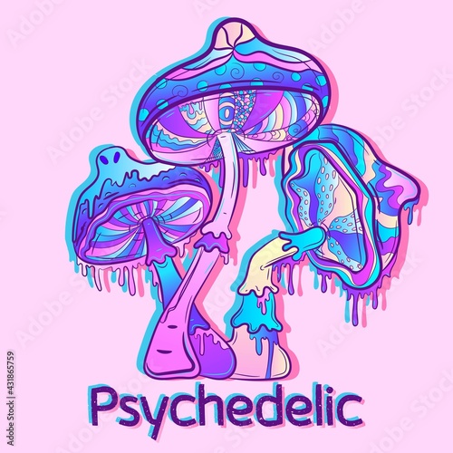 Vector art of three psychedelic mushrooms with gradients and UV neon light effects. New age concept of magic and surreal fungus. Hallucinogen plants with cosmic galaxy colors.