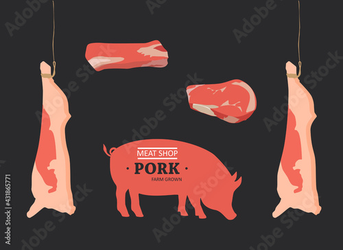 Poster for Butchery meat shop with text, typography Pork, Meat Shop, Farm Grown, pig silhouette.