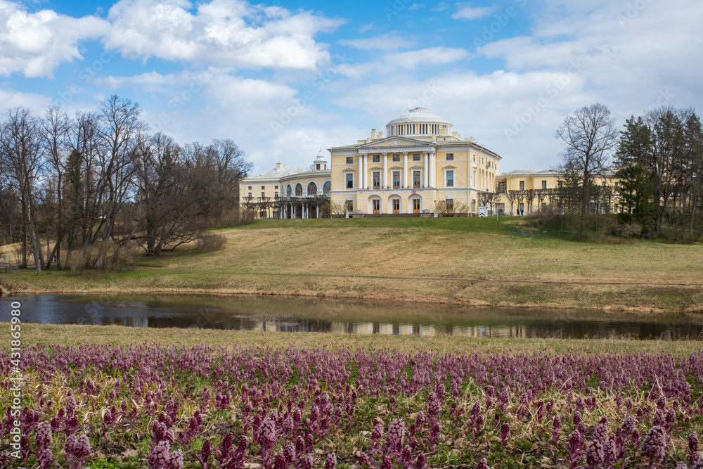 The Grand Palace in Pavlovsk. Pavlovsk Palace on the banks of the Slavyanka River. Russian classical architecture. Pavlovsk. Russia.